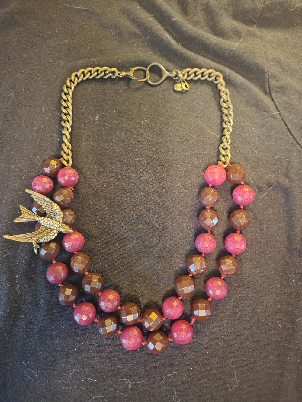 Fossil Cranberry Pink Corundum Faceted Double Strand Bird 21" Bronze Necklace